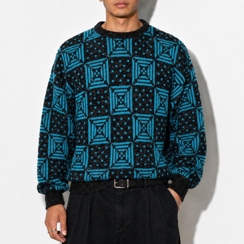 80s Vintage Turquoise Geometric Sweater Mens M Relaxed Fit Crew Neck Graphic Mod